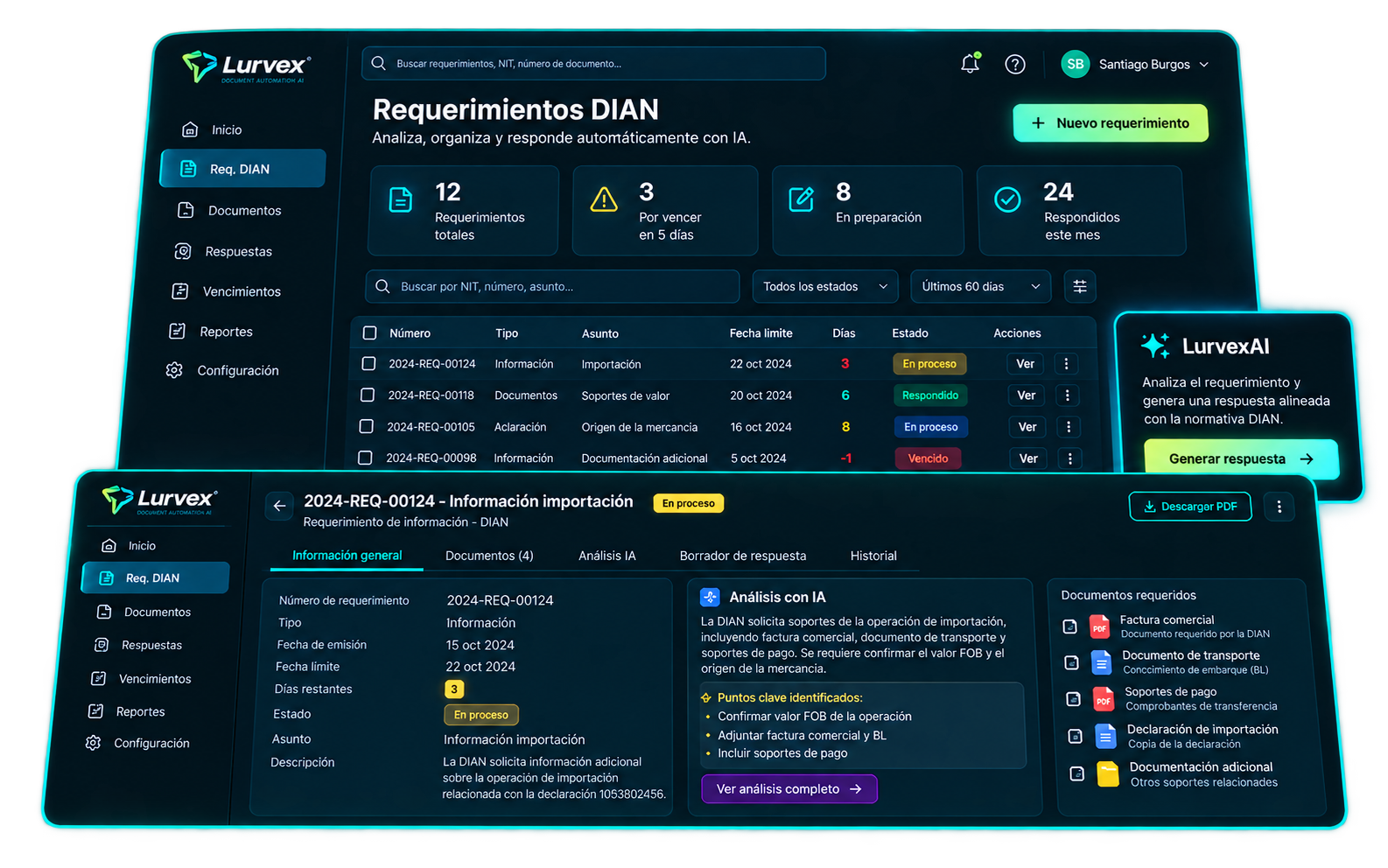Vista detallada de un requerimiento DIAN en Lurvex con análisis de IA, soportes y preparación de respuesta